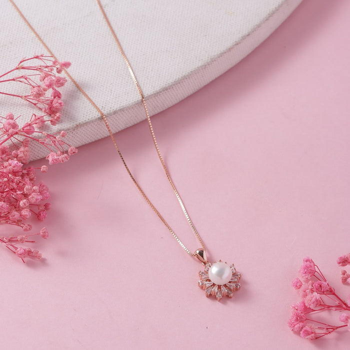 Floral Harmony Rose Gold-Plated CZ & Freshwater Pearl 925 Sterling Silver Pendant with Chain