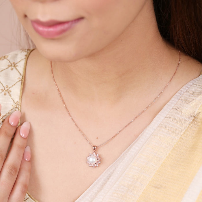 Floral Harmony Rose Gold-Plated CZ & Freshwater Pearl 925 Sterling Silver Pendant with Chain