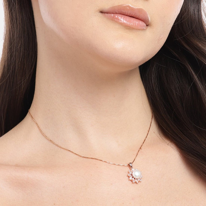 Floral Harmony Rose Gold-Plated CZ & Freshwater Pearl 925 Sterling Silver Pendant with Chain