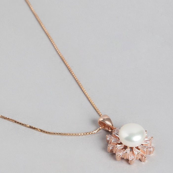 Floral Harmony Rose Gold-Plated CZ & Freshwater Pearl 925 Sterling Silver Pendant with Chain