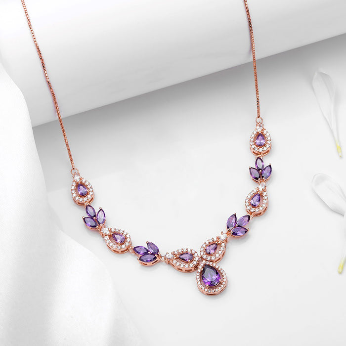 Floral Lavender Fire CZ Rose Gold Plated 925 Silver Necklace