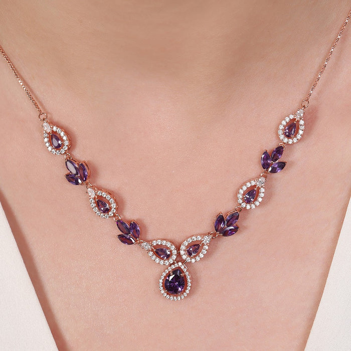 Floral Lavender Fire CZ Rose Gold Plated 925 Silver Necklace