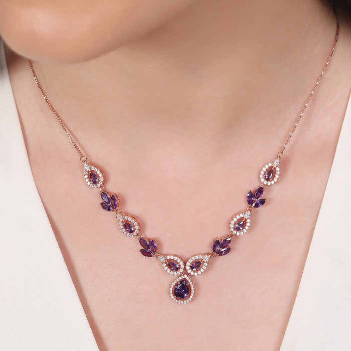 Floral Lavender Fire CZ Rose Gold Plated 925 Silver Necklace