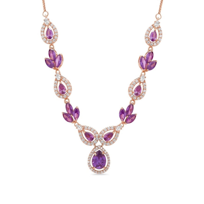 Floral Lavender Fire CZ Rose Gold Plated 925 Silver Necklace