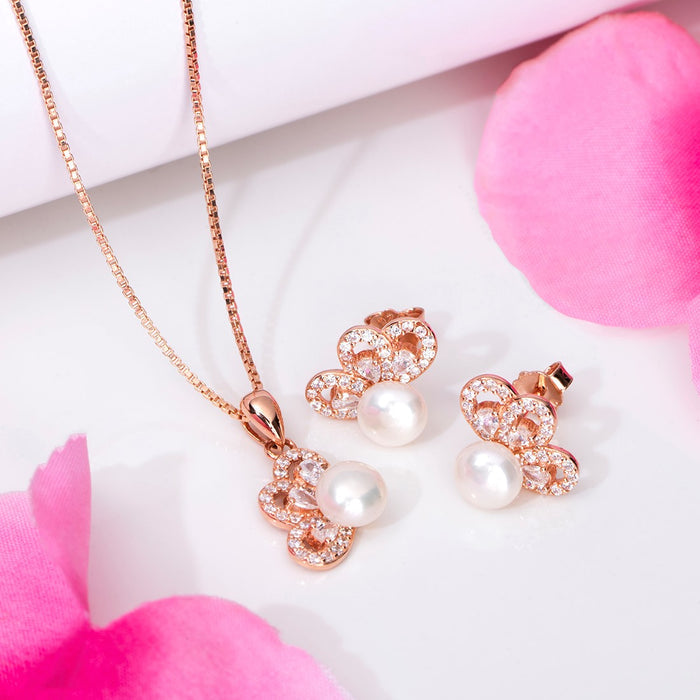 Floral Pearl-CZ Harmony 925 Sterling Silver Rose Gold-Plated Jewelry Set