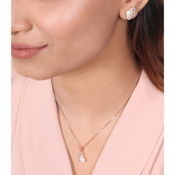 Floral Pearl-CZ Harmony 925 Sterling Silver Rose Gold-Plated Jewelry Set