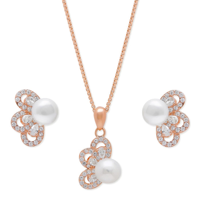 Floral Pearl-CZ Harmony 925 Sterling Silver Rose Gold-Plated Jewelry Set