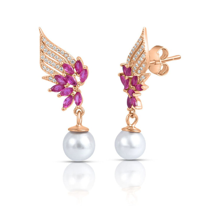 Floral rose gold plated 925 Sterling Silver earrings for women with pink stones and a pearl drop – Zavya