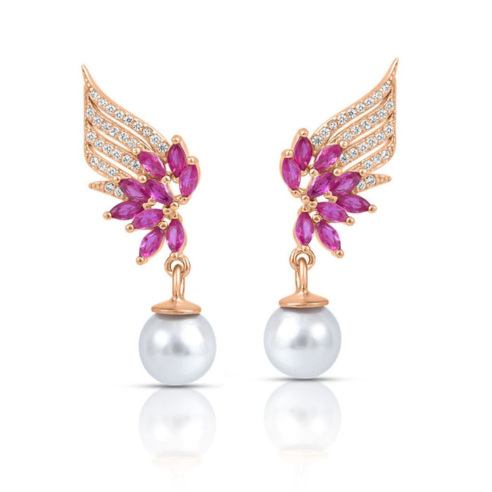 925 Sterling Silver rose gold earrings for women with pink floral crystals and pearl drops – Zavya
