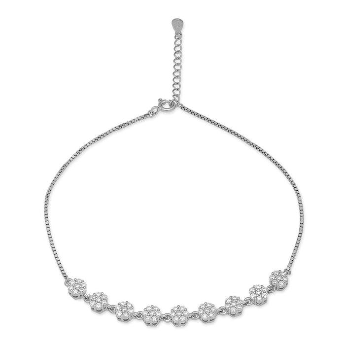 925 Sterling Silver anklet for women featuring sparkling crystal flower motifs on a silver chain. Jewellery – Zavya