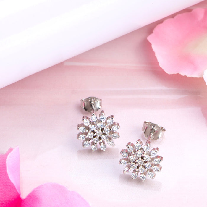 Floral Radiance CZ Accents Rhodium-Plated Earrings