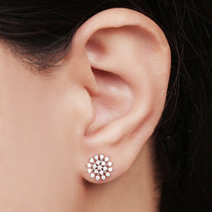 Floral Radiance CZ Accents Rhodium-Plated Earrings
