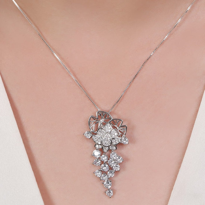 Floral Radiance Elegance Rhodium-Plated 925 Sterling Silver Charm Pendant with Chain