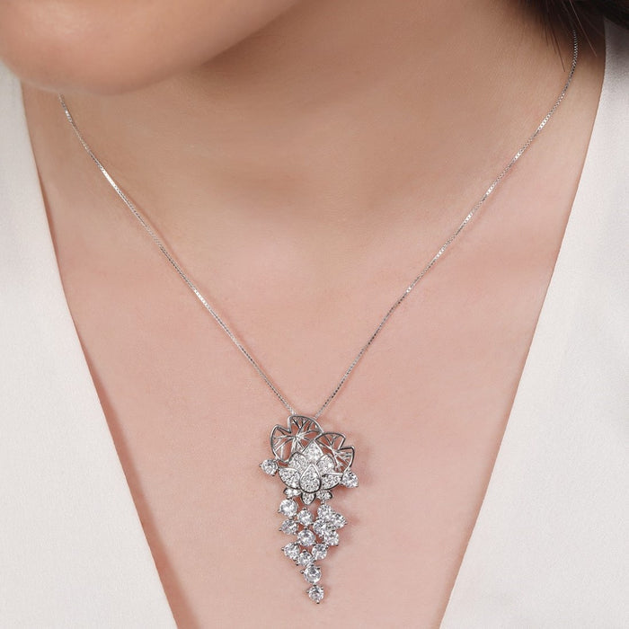 Floral Radiance Elegance Rhodium-Plated 925 Sterling Silver Charm Pendant with Chain