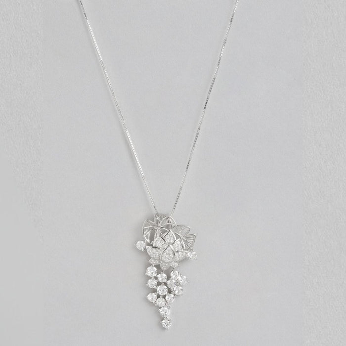Floral Radiance Elegance Rhodium-Plated 925 Sterling Silver Charm Pendant with Chain