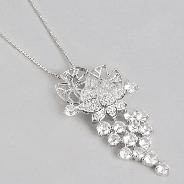 Floral Radiance Elegance Rhodium-Plated 925 Sterling Silver Charm Pendant with Chain