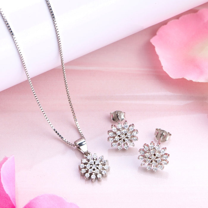 Floral Radiance Elegance Rhodium-Plated 925 Sterling Silver Jewelry Set