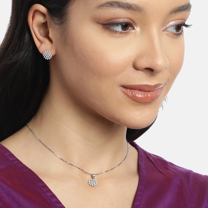 Floral Radiance Elegance Rhodium-Plated 925 Sterling Silver Jewelry Set