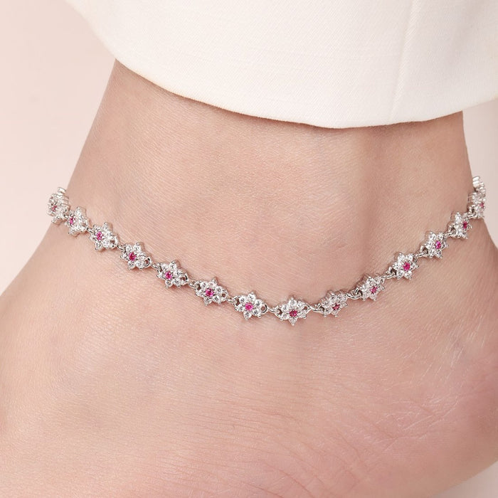 Floral Radiance Rhodium-Plated 925 Sterling Silver Anklet
