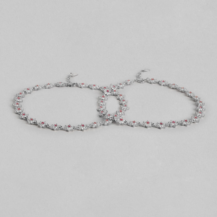 Floral Radiance Rhodium-Plated 925 Sterling Silver Anklet