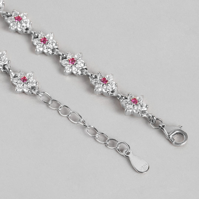 Floral Radiance Rhodium-Plated 925 Sterling Silver Anklet