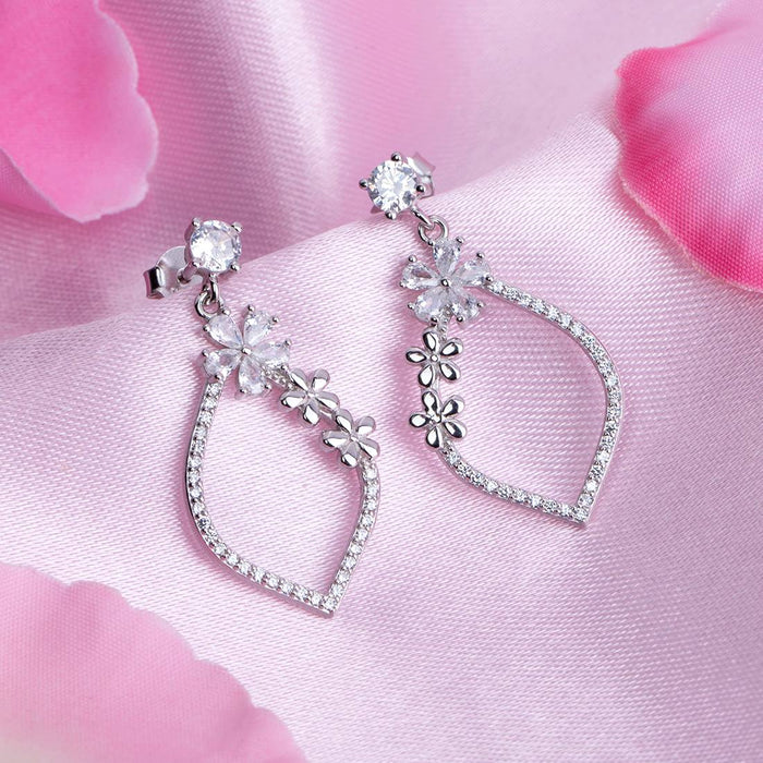 Floral Radiance Rhodium-Plated 925 Sterling Silver Drop Earrings