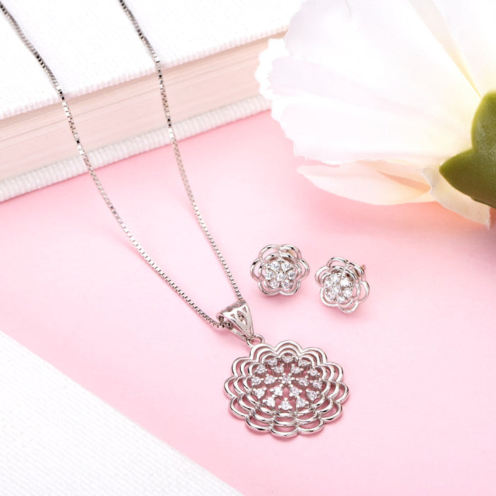 Floral Radiance Rhodium-Plated 925 Sterling Silver Jewelry Set