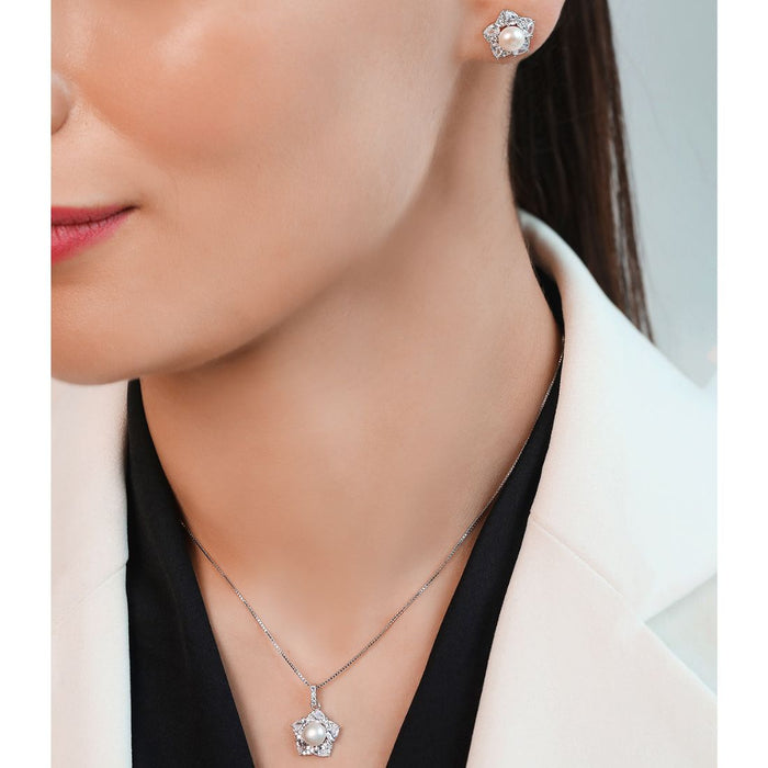 Floral Radiance Rhodium Plated 925 Sterling Silver Jewelry Set