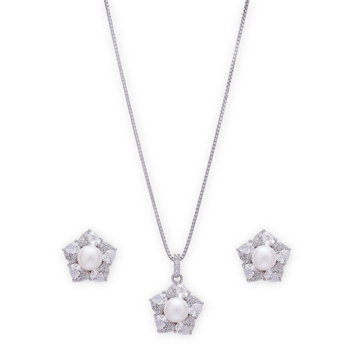 Floral Radiance Rhodium Plated 925 Sterling Silver Jewelry Set