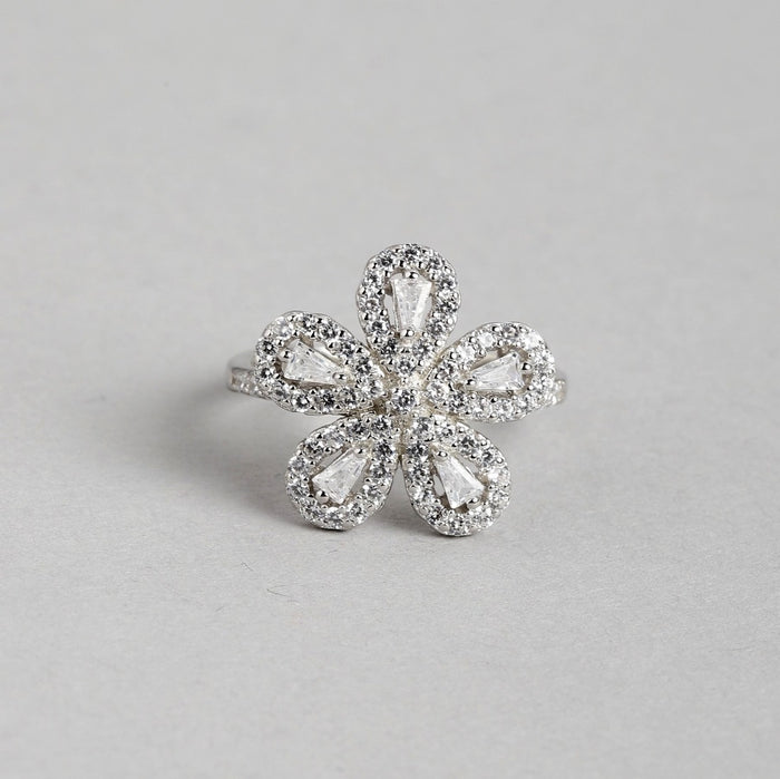 Floral Radiance: Rhodium Plated 925 Sterling Silver Ring for Her (Onesize)