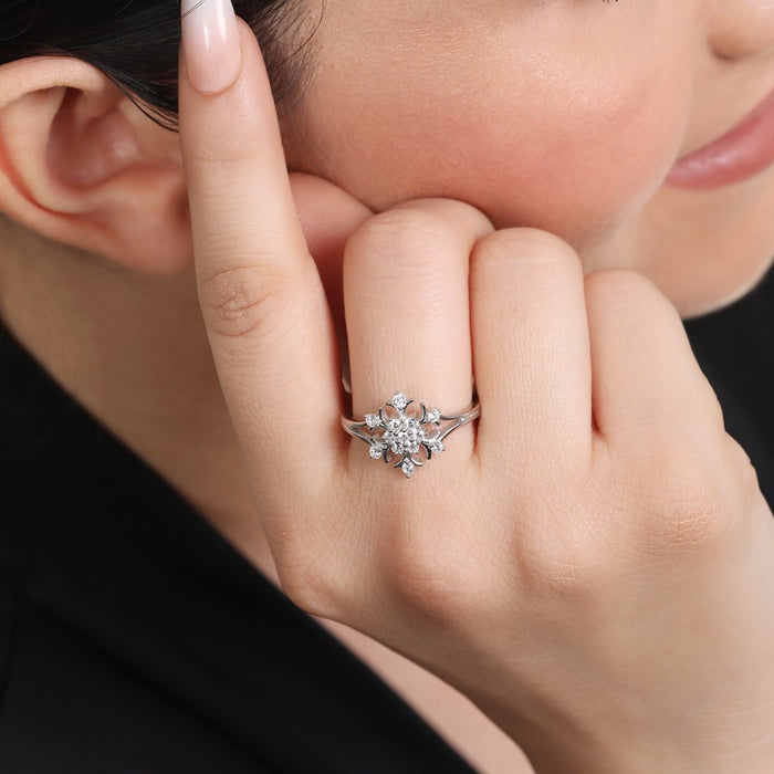 Floral Radiance Rhodium Plated 925 Sterling Silver Women's Ring