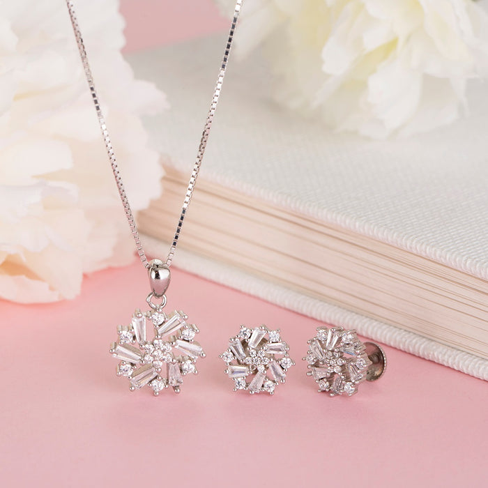 Floral Radiance Rhodium-Plated CZ 925 Sterling Silver Jewelry Set