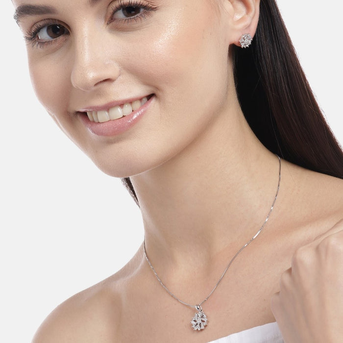 Floral Radiance Rhodium-Plated CZ 925 Sterling Silver Jewelry Set