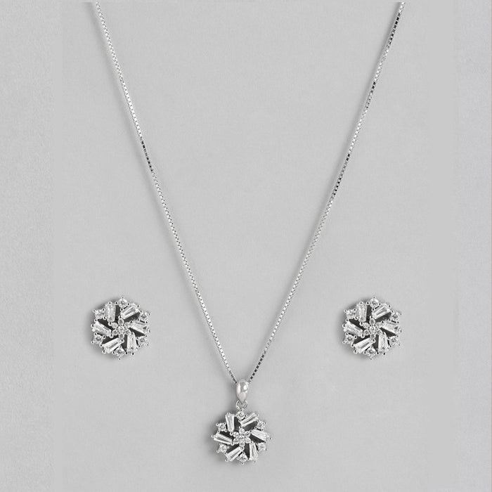 Floral Radiance Rhodium-Plated CZ 925 Sterling Silver Jewelry Set