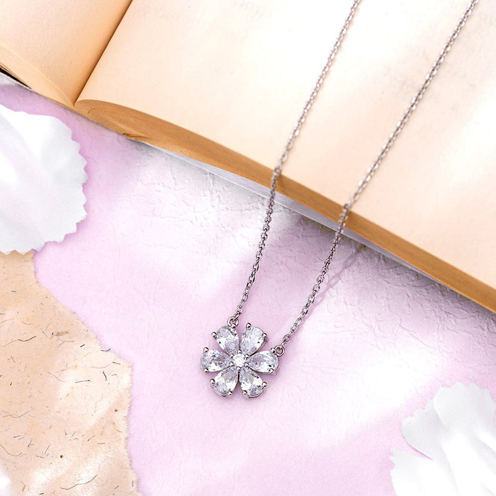 Floral Radiance Rhodium Plated CZ 925 Sterling Silver Necklace