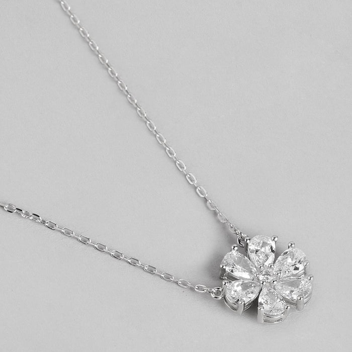 Floral Radiance Rhodium Plated CZ 925 Sterling Silver Necklace