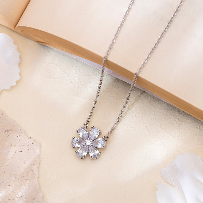 Floral Radiance Rhodium Plated CZ 925 Sterling Silver Necklace