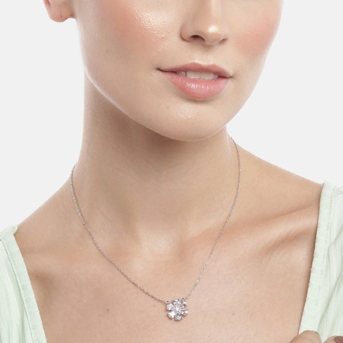 Floral Radiance Rhodium Plated CZ 925 Sterling Silver Necklace