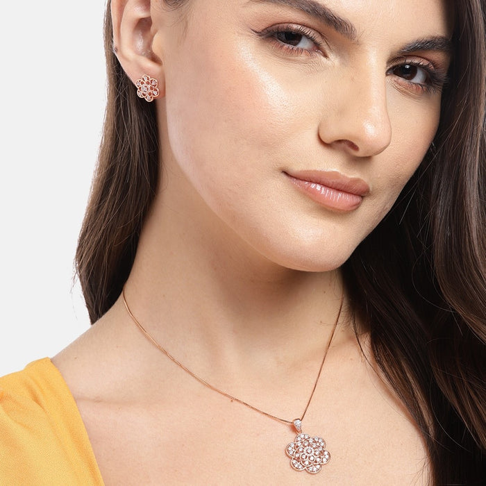 Floral Radiance Rose Gold-Plated Cubic Zirconia 925 Sterling Silver Jewelry Set