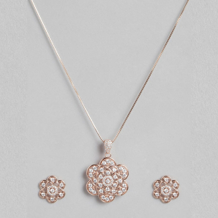 Floral Radiance Rose Gold-Plated Cubic Zirconia 925 Sterling Silver Jewelry Set