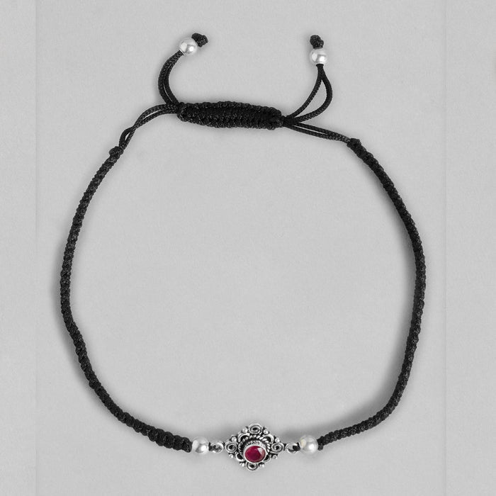 Floral Red Stone Rhodium Plated 925 Sterling Silver Thread Anklet