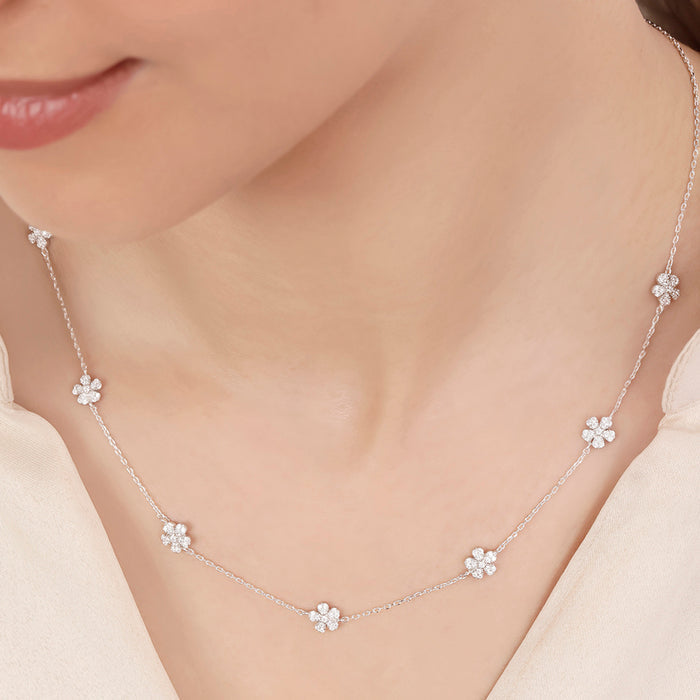 Floral Rhodium Plated 925 Sterling Silver Necklace