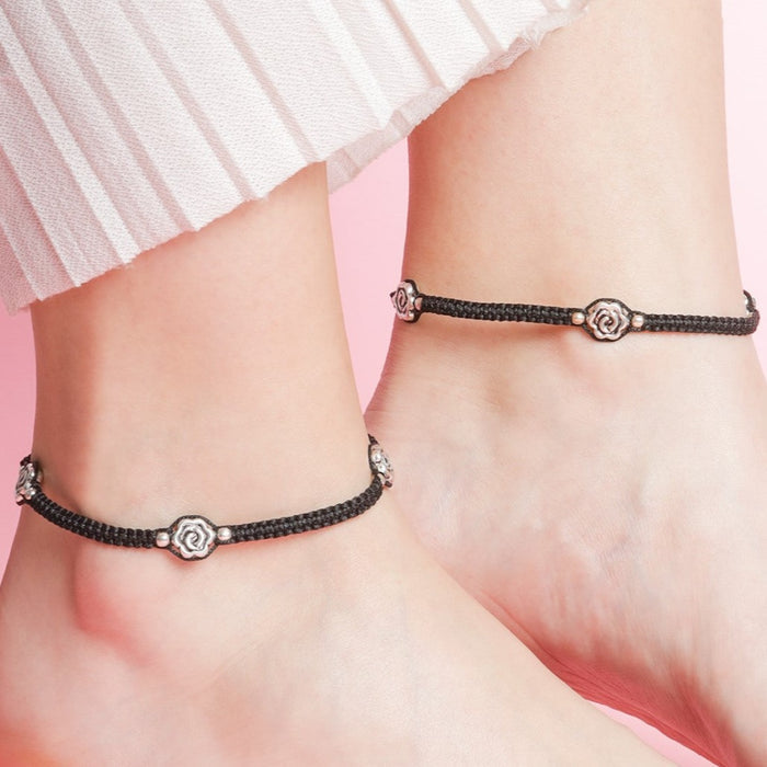 Floral Rhodium Plated 925 Sterling Silver Thread Anklet