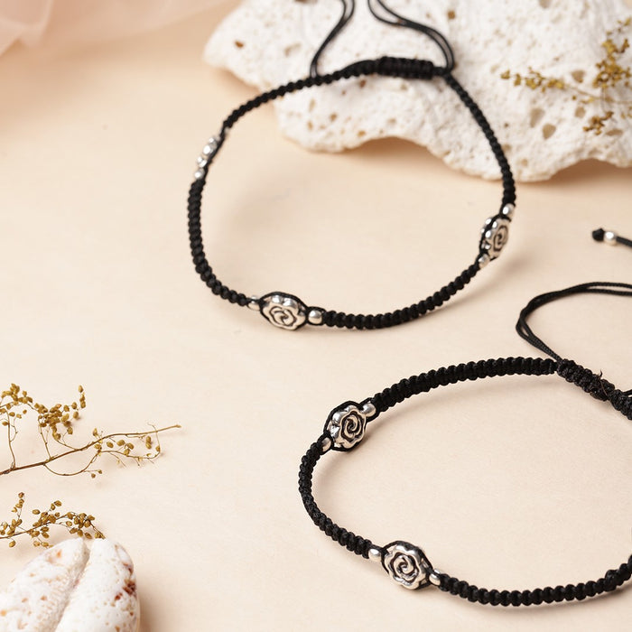 Floral Rhodium Plated 925 Sterling Silver Thread Anklet