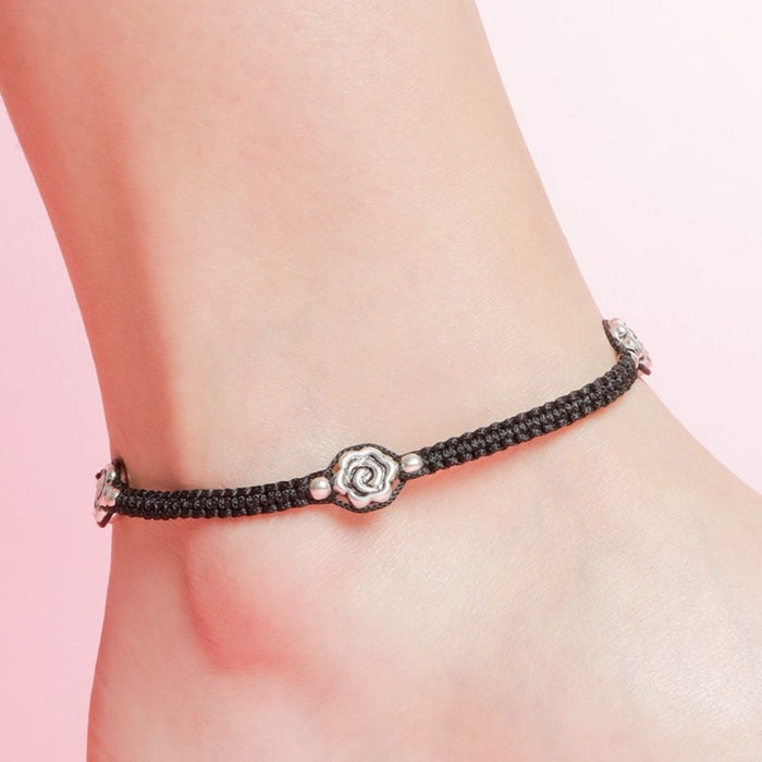 Floral Rhodium Plated 925 Sterling Silver Thread Anklet