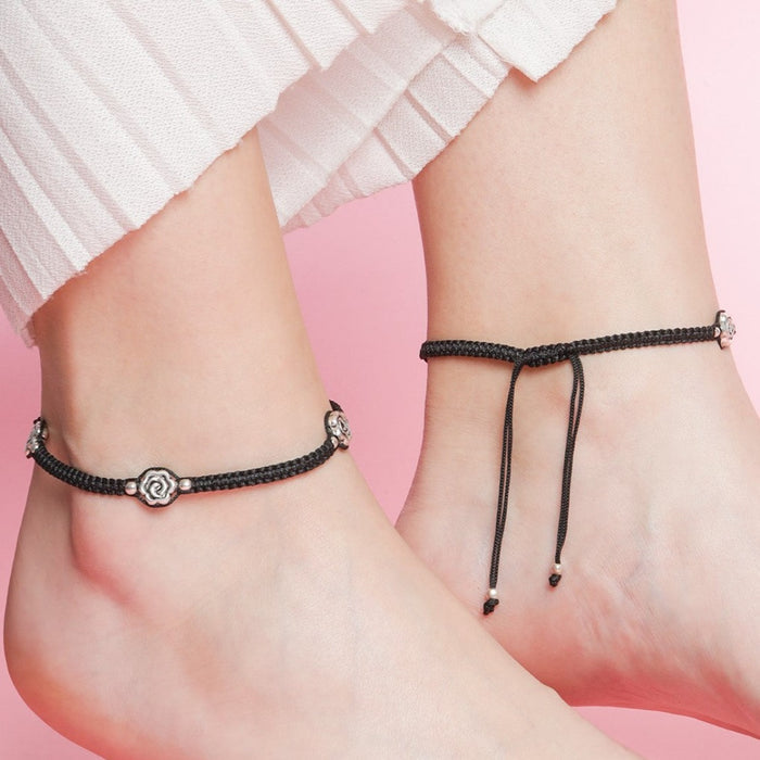 Floral Rhodium Plated 925 Sterling Silver Thread Anklet
