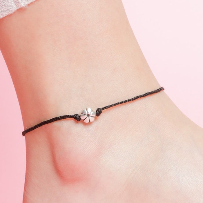 Floral Rhodium Plated 925 Sterling Silver Thread Anklet