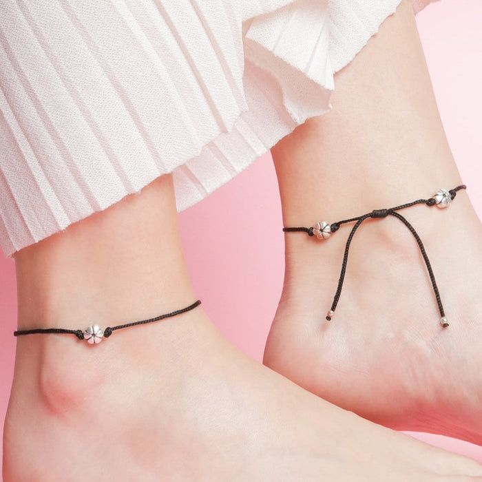 Floral Rhodium Plated 925 Sterling Silver Thread Anklet