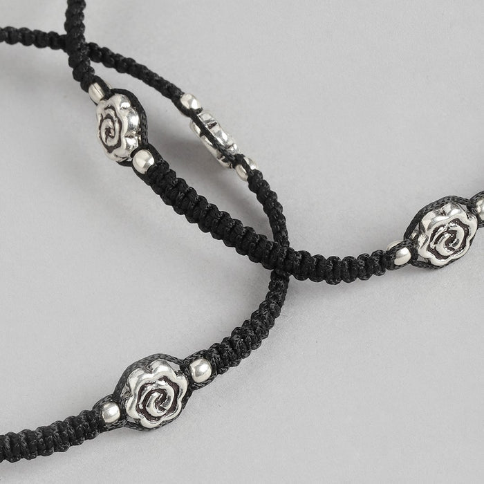 Floral Rhodium Plated 925 Sterling Silver Thread Anklet