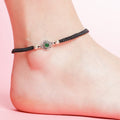 Floral Rhodium Plated Green CZ 925 Sterling Silver Thread Anklet